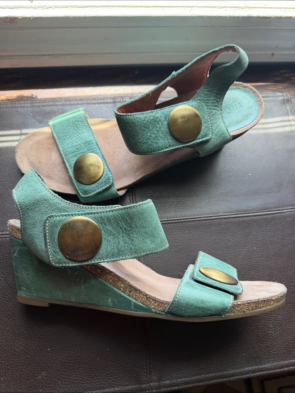 Taos Footwear Mint Green Leather Wedge Sandals with Brass Discs